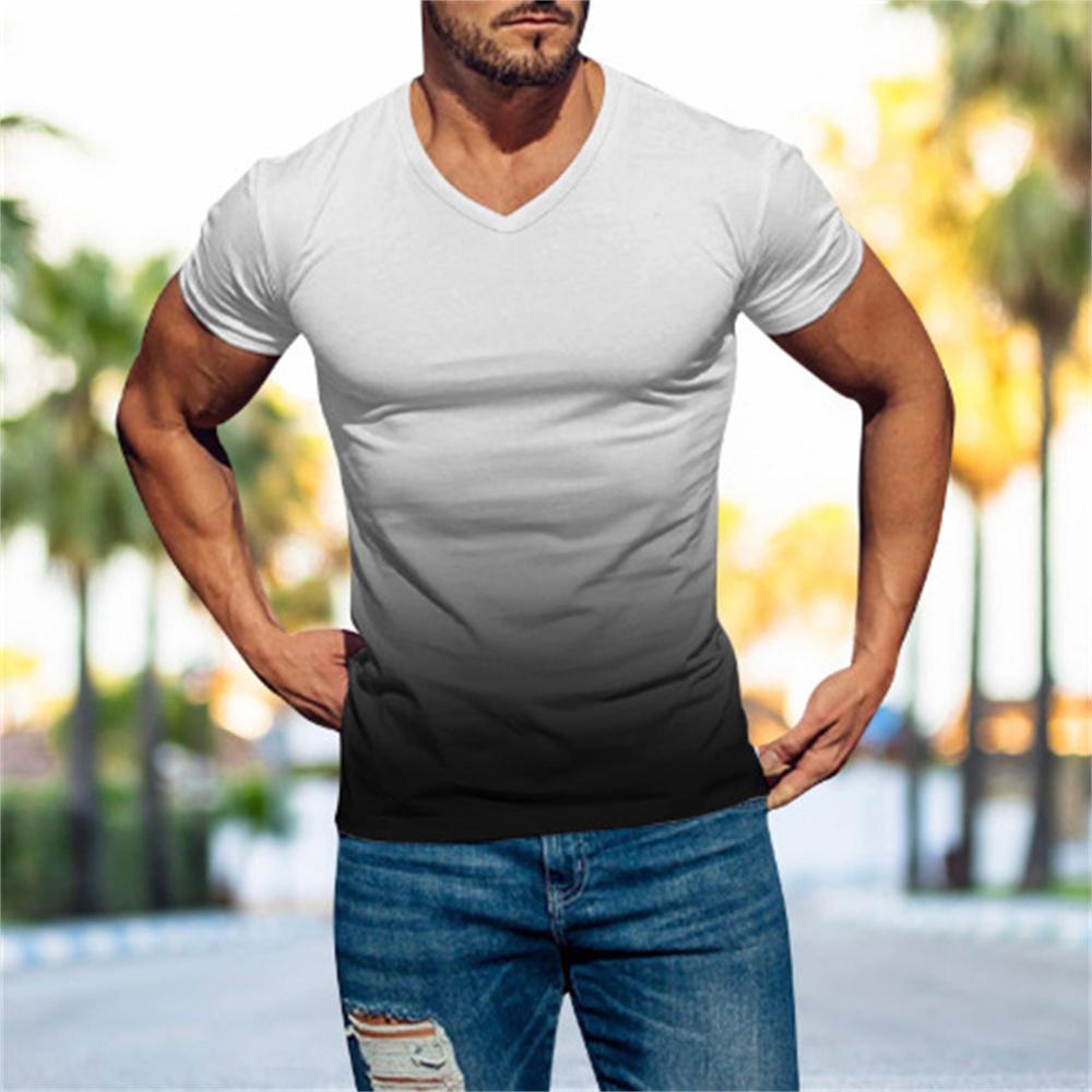 Letní móda Ležérní Muži Top Gradient 3D digitální potištěné Pánské tričko s krátkým rukávem a výstřihem do V Cool Streetwear Oversized topy