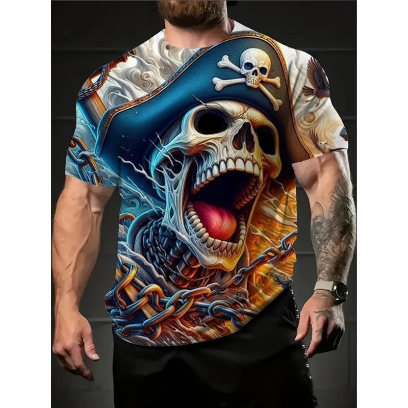 Men's 3D Skull Pattern Print Short Sleeve T-shirt Summer New Casual Tops Trend Cool Street Style Men's Clothing