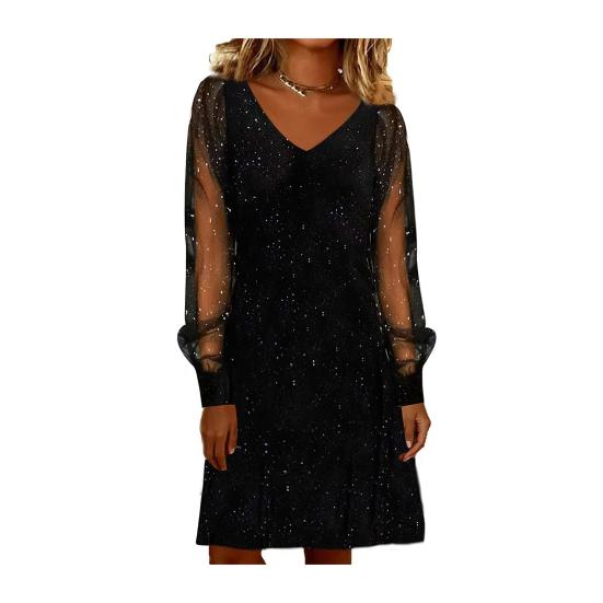 Women's Sparkly Mesh Long Sleeve Mini Dress Glitter V Neck Banquet Cocktail Party Dress Going Out Club Night Outfits