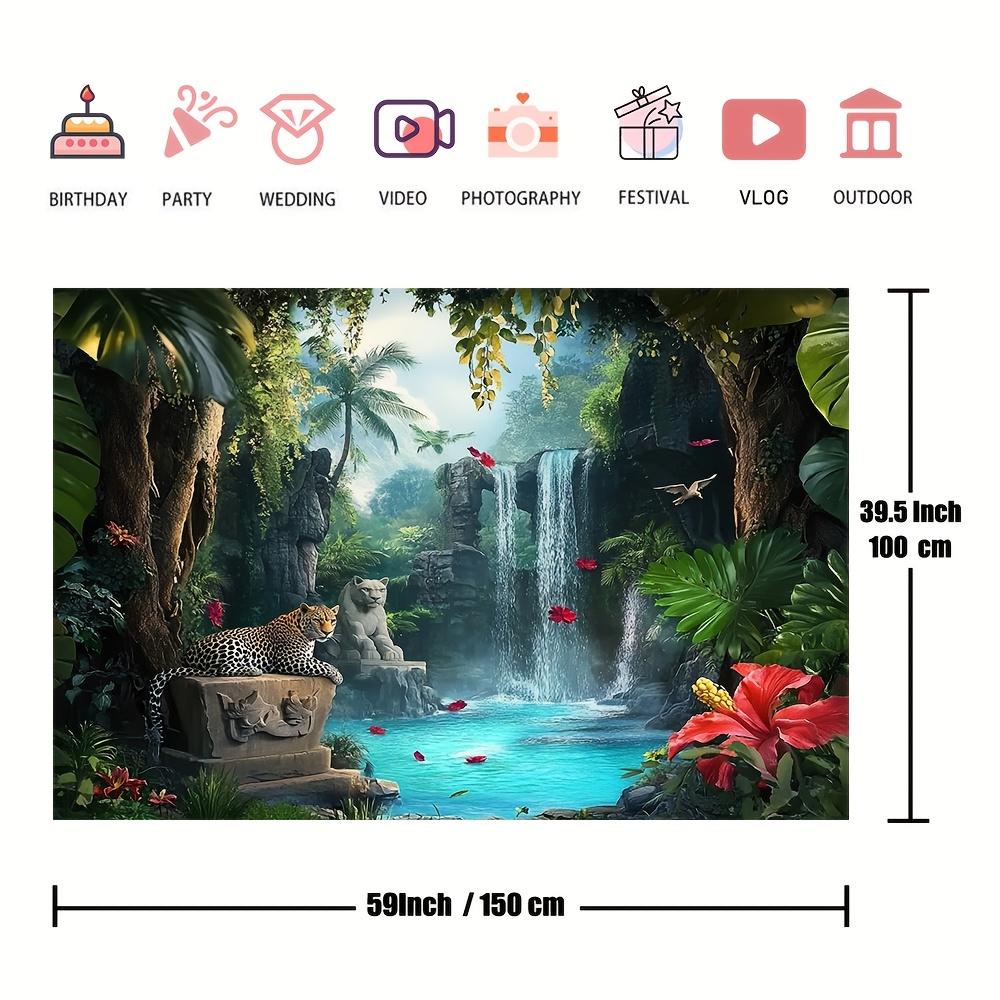 1pc Dreamy Forest Mural with Leopards, Polyester Fiber, Jungle Waterfall Scenery, Living Room and Bedroom Decoration