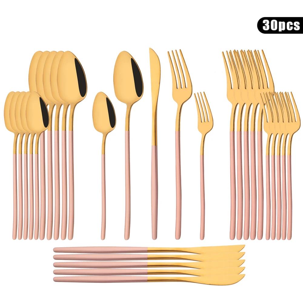 Sada 30 ks nádobí Příbory z nerezové oceli Nůž Dezert Vidlička Lžíce Nádobí Bílé zlato Příbory Kuchyňské stříbro