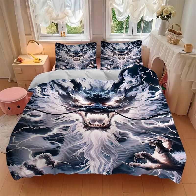 3pcs Electric Storm Dragon Pattern Bedding Three-Piece Set (1 Cover + 2 Pillowcases, No Fillings), This Printed Bedding Set Is
