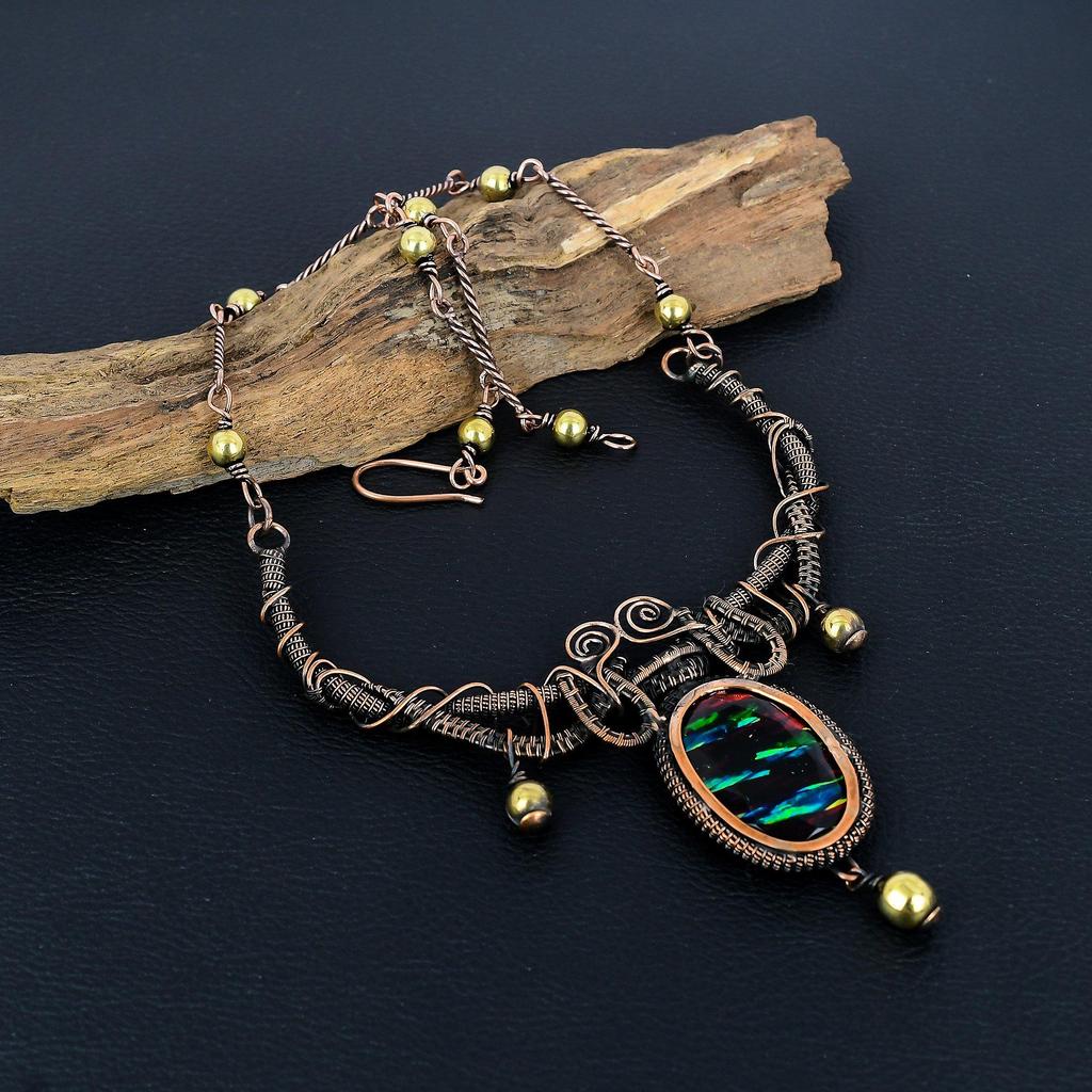 Ammolite Necklace Gemstone Jewelry, 999 Copper Wire Wrapped Necklace, Adjustable Handmade Chain Necklace Gift For Wife Jewelry