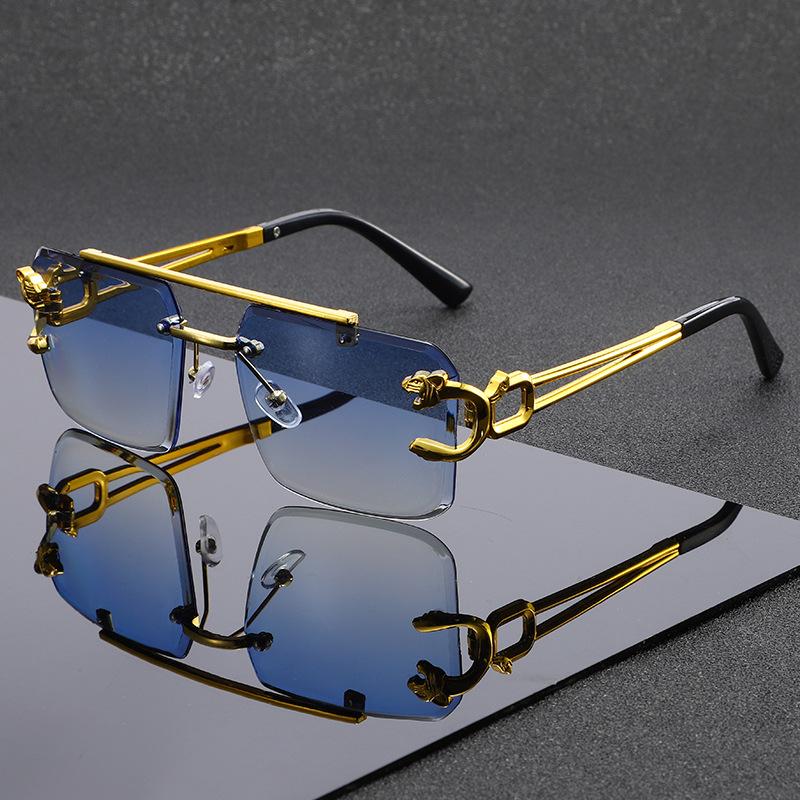 New European and American personalized box frameless double beam leopard head sunglasses fashionable driving sunscreen sunshade glasses