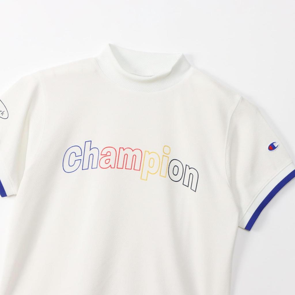 Champion Short Sleeve Mock Neck Shirt UV Graphic Logo Print Women's (CW-BG304), Off-White, Protection, Quick-Drying,