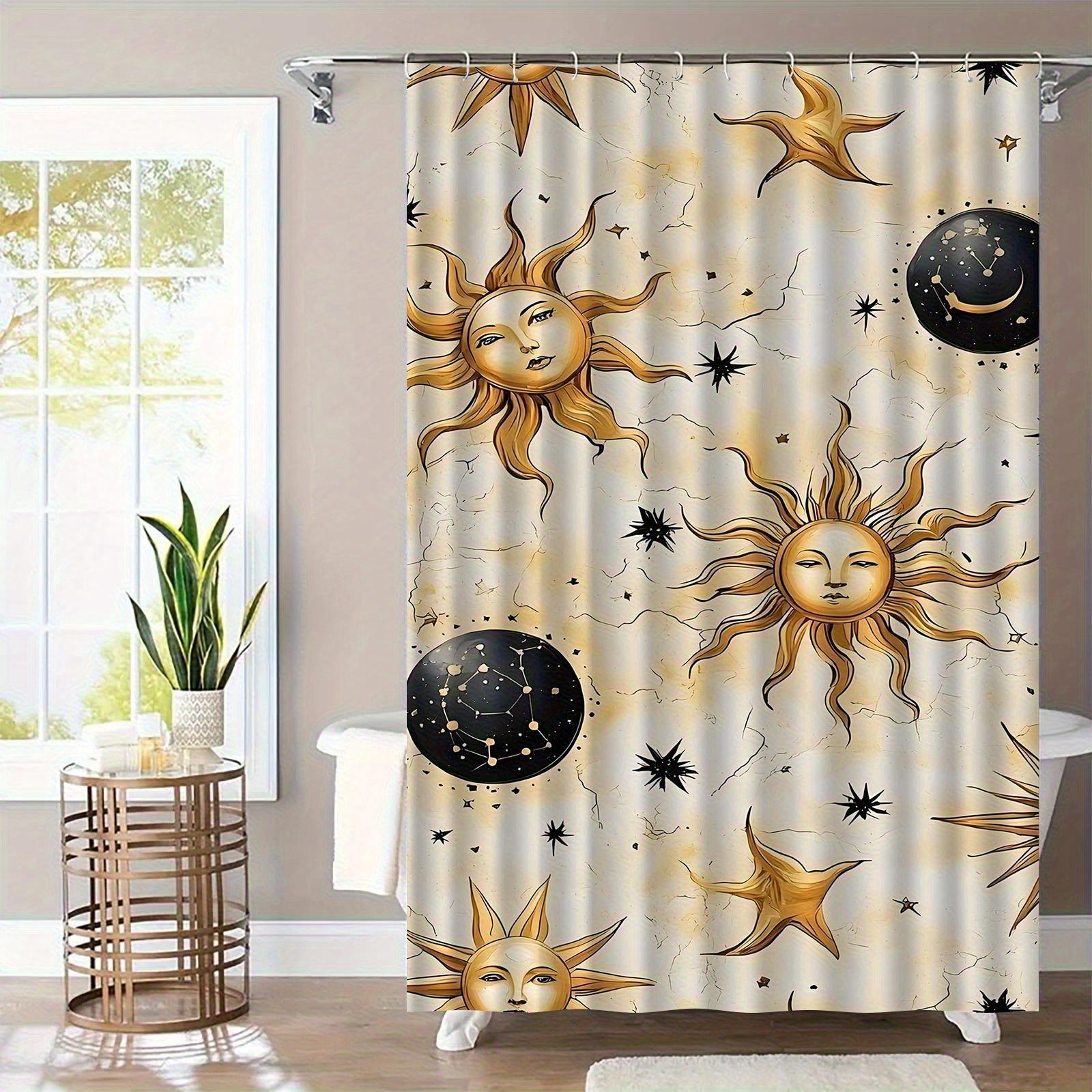 

1pc Sun & Moon Shower Curtain - Elegant Celestial Design with Stars, Durable Polyester Fabric, 12 Hooks Included, Machine Washab 90x180cm35x71in