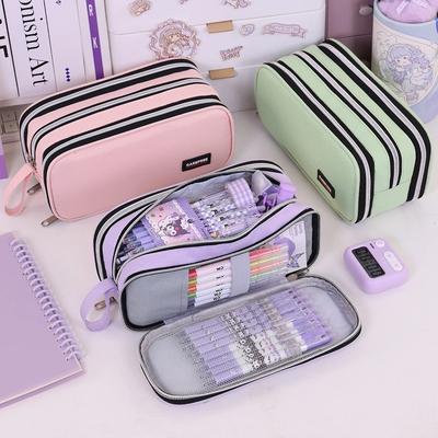 3 Compartment Pouch Double Side Opened Student Stationery Desk Organizer Makeup Bag Kawaii Pencil Case Large Space Storage