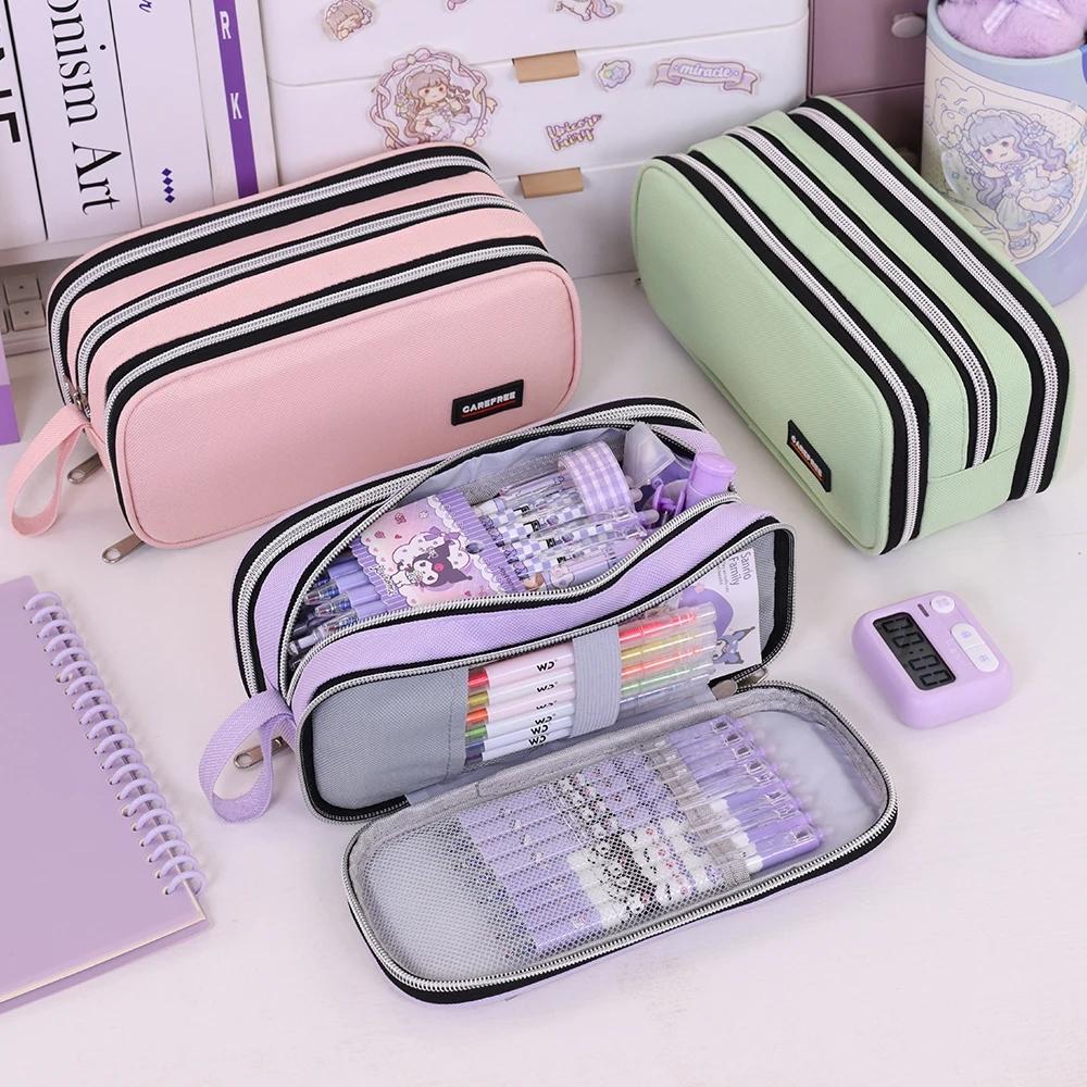 3 Compartment Pouch Double Side Opened Student Stationery Desk Organizer Makeup Bag Kawaii Pencil Case Large Space Storage