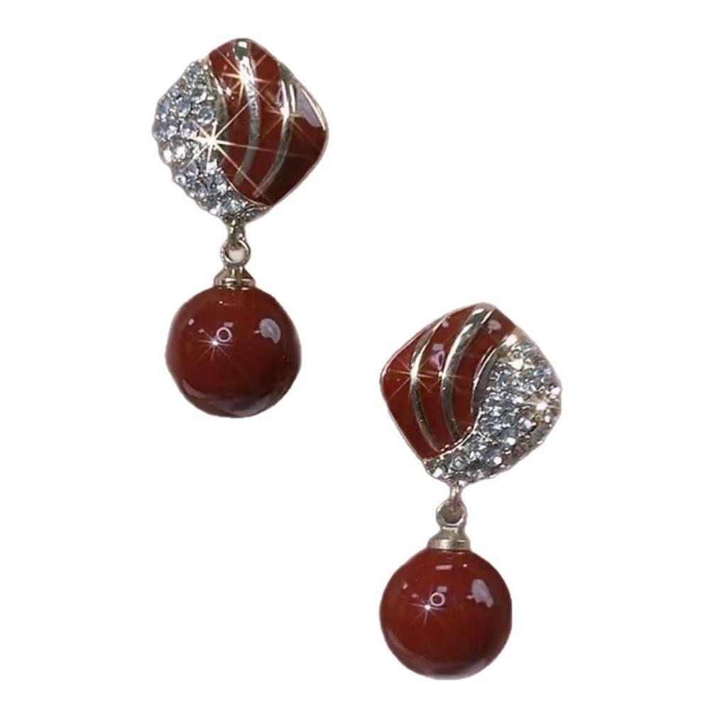 High-End Geometric Pearl & Rhinestone Red Glaze Earrings for Women