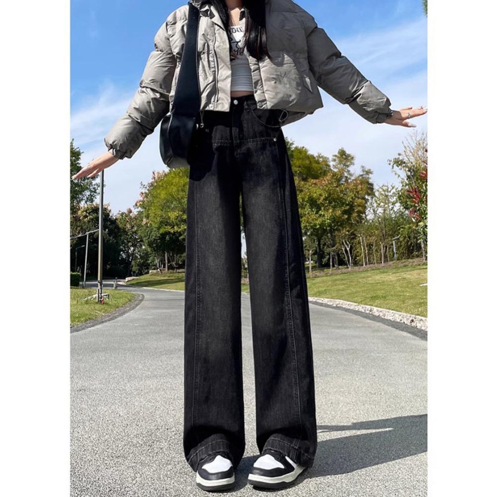 

Korean version of simple straight jeans women s spring and autumn new high-waisted meat-covering versatile pendant wide-leg jeans 2XL