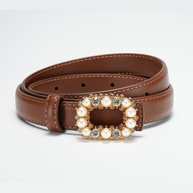 

Новый женский ремень, инкрустированный жемчугом и стразами, с круглой пряжкой, декоративный ремешок, универсальный женский ремень из натуральной кожи с гладкой пряжкой
