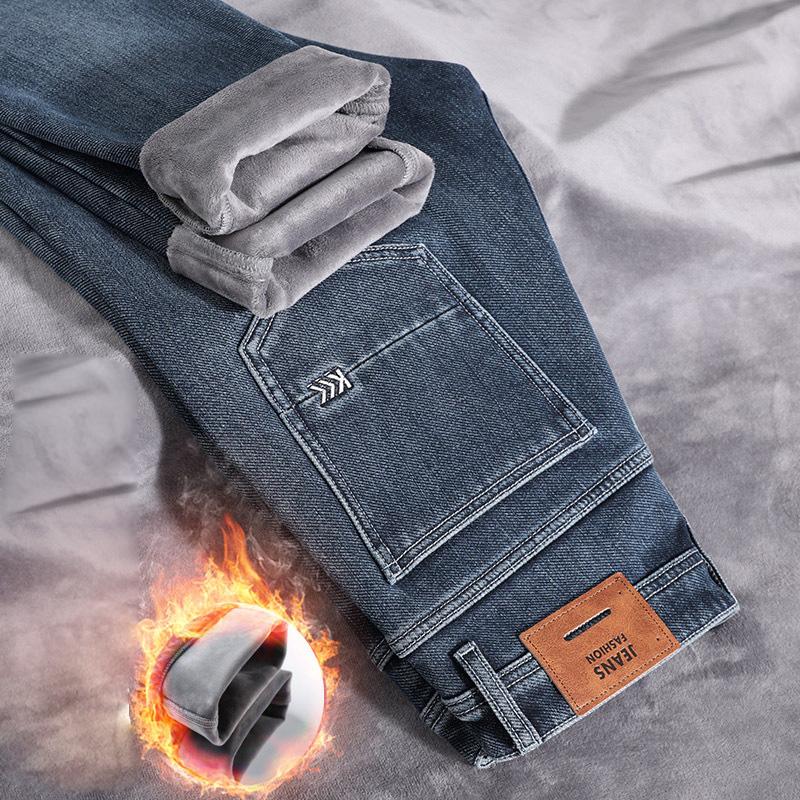 Spring And Autumn Winter New Men'S Plush/Regular Jeans Slimming Straight Stretch Business Versatile Long Pants