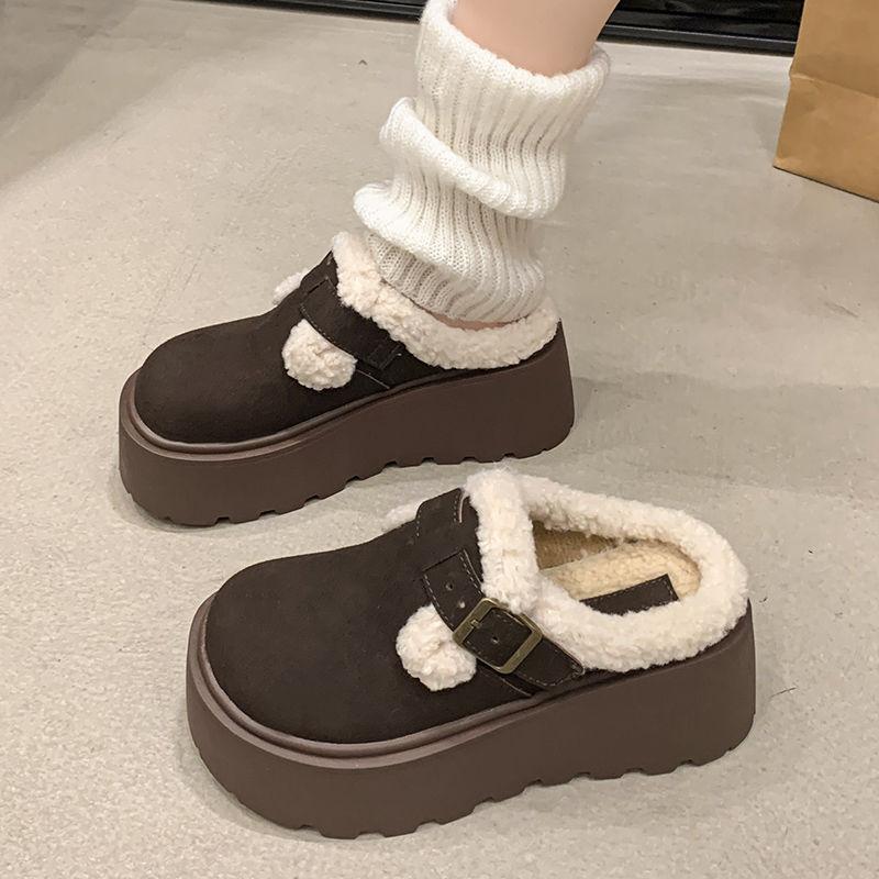 thick-soled cotton slippers women's 2025 snow boots Birkenstock boots women's piled thickened fluffy warm winter cotton shoes bread shoes