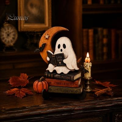 Heilende Atmosphäre Hauskunst Halloween Lese Geist Figur, Retro Holzstatue, Vintage Schreibtisch Kreatives Ornament mit gestapeltem Buch für das Büro
