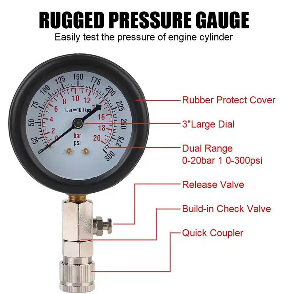 Auto Pressure Gauge Compression Tester Petrol Engine Compression Tester Kit 0-300 PSI Fuel Cylinder Pressure Gauge Tool