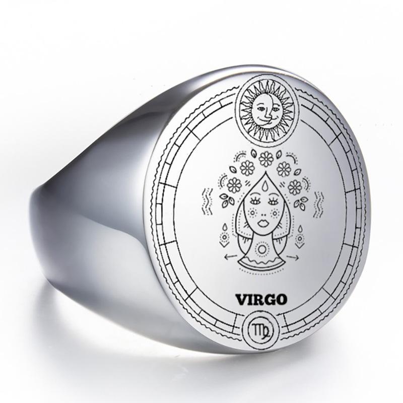 22mm Round Stainless Steel Zodiac Sign Men Ring Retro Fashion Index Finger Ring for Men