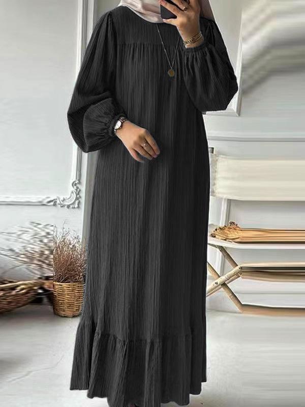 In-Stock Pleated Vintage Muslim Women's Robe with Puff Sleeves and Pocket Hem Ruffle Dress