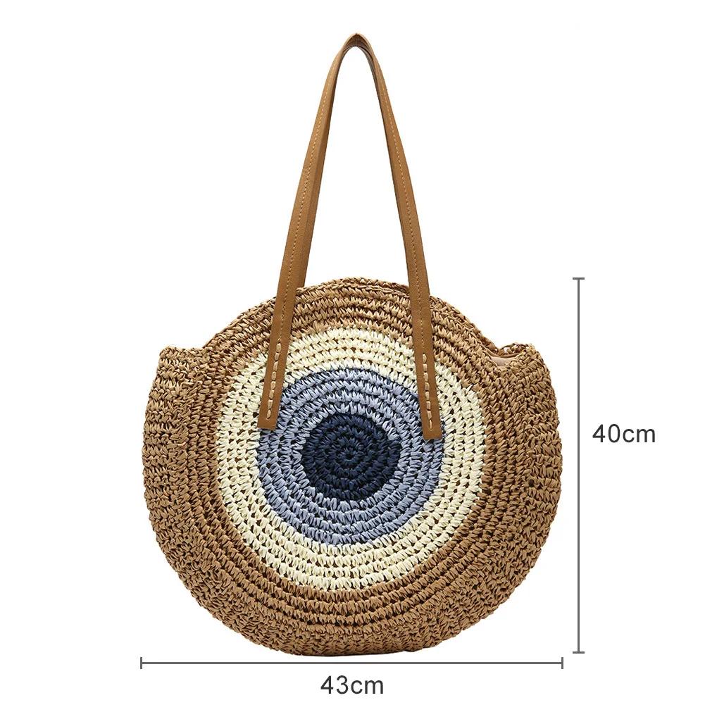 Women Fashion Woven Handbag Round Straw Woven Tote Bag Vacation Shoulder Bag Large Capacity Ethnic Style for Travel Vacation