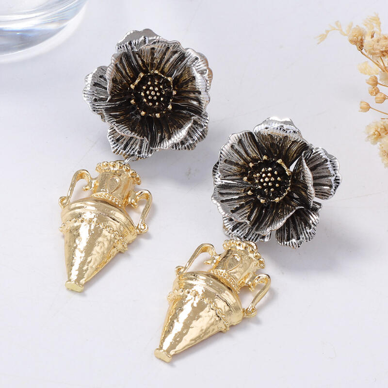 Europ and America Style Alloy Flower Vase Earrings for Women Ladies Vintage Art Trend Temperament Pendant Earrings Jewelry Gifts