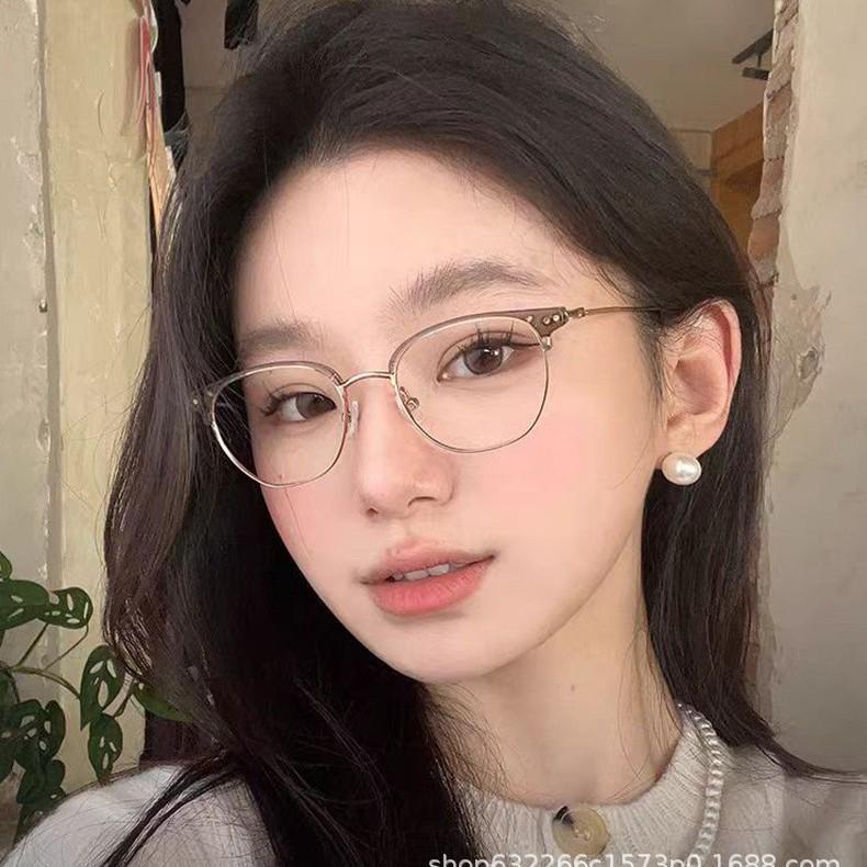 Jinghe Ultralight Tea Half-Rim Myopia Glasses for Women - Anti-Blue Light, Low Nose Bridge, Non-Slip, Prescription Ready.