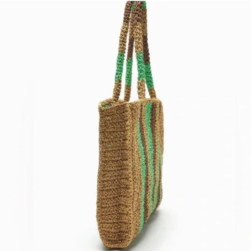 New High-end Contrasting Straw Bags, Hand-woven Bags, Large-capacity Shoulder Tote Bags, Vacation Beach Bags, Women's Bags