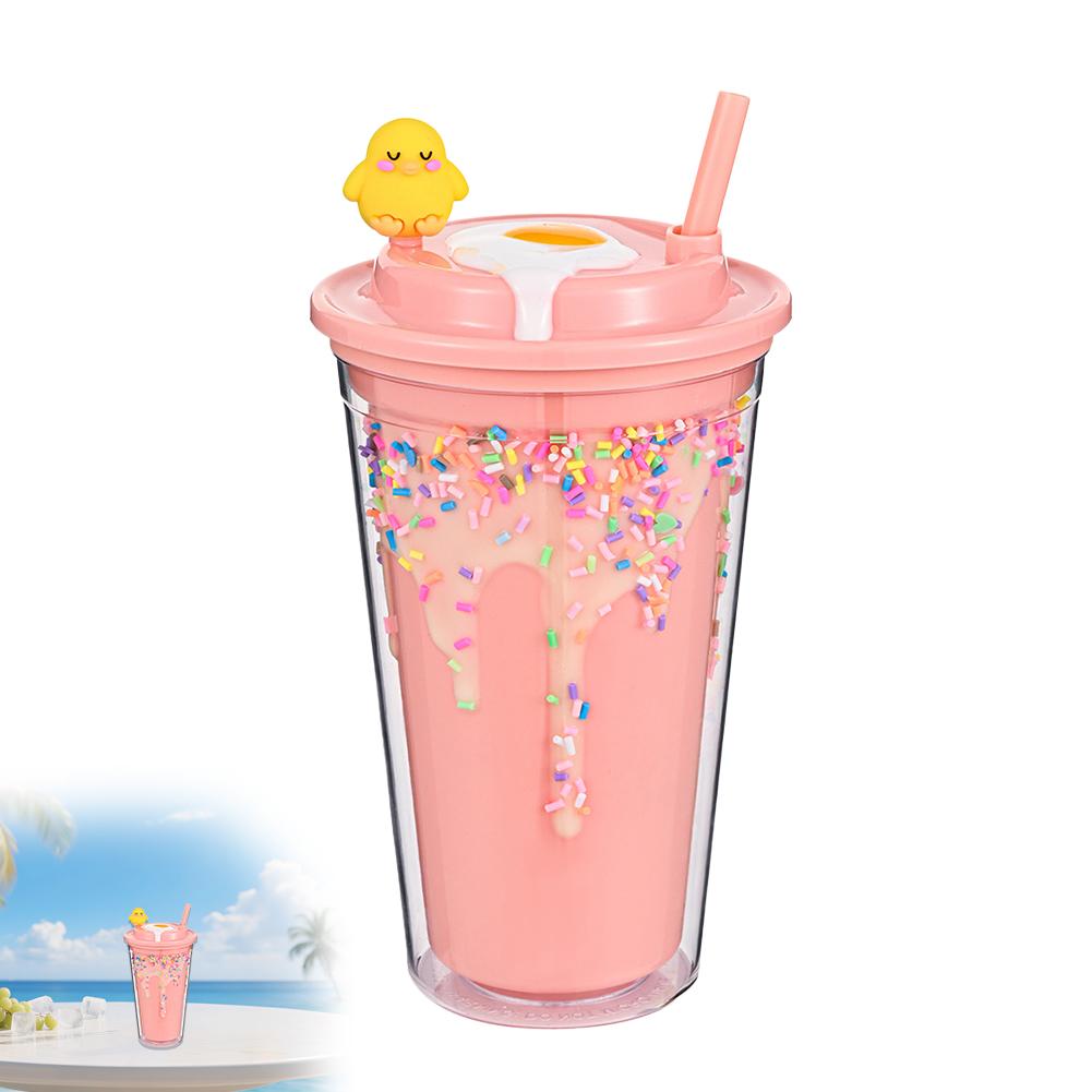 Cute Ice Cream Straw Cup Creative Double Layer Plastic Water Bottle With Crushed Ice Decor Portable Tumbler For Girls Kids Gift