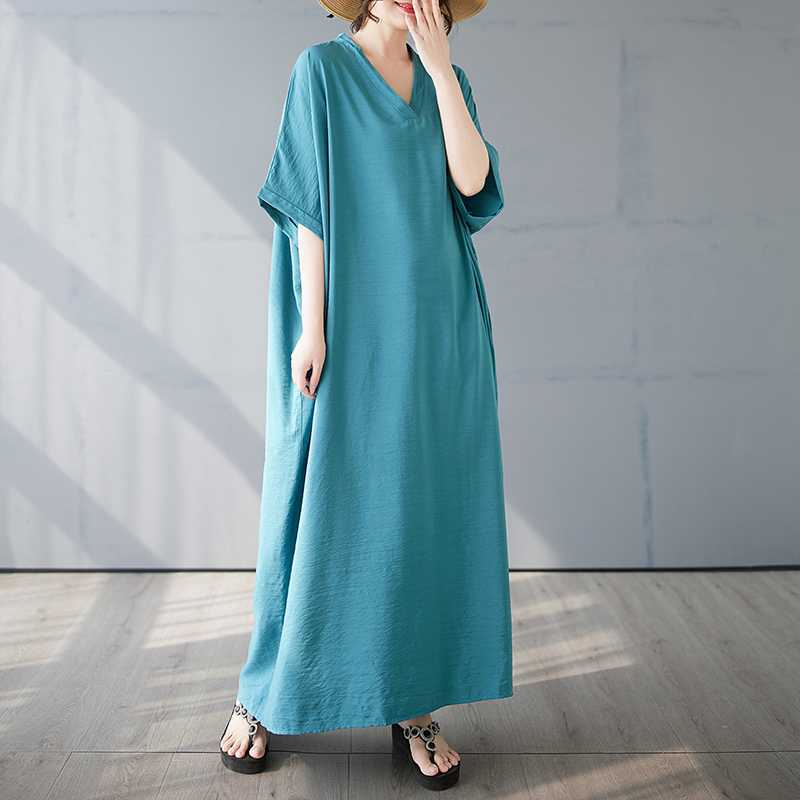 Summer Color V-neck Retro Long Skirt Cotton Linen Dress