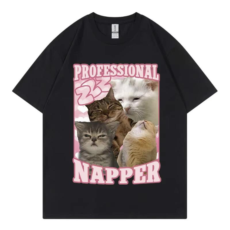 

2026 Summer Cotton Tee Cute Sleeping Cats Meme Graphic Unisex WOMEN Plus Size Loose Casual Hip Hop Streetwear Breathable Top S