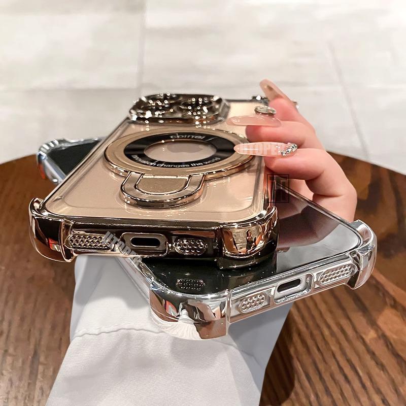 Luxury Shockproof Plating Soft TPU Bracket Phone Case for iPhone 16 15 14 13 11 12 Pro Max Plus Magsafe Magnetic Protect Cover