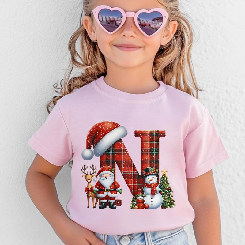 Personalized Kids Christmas T-shirt with A-Z Alphabet Print, Santa Hat Design for Boys & Girls