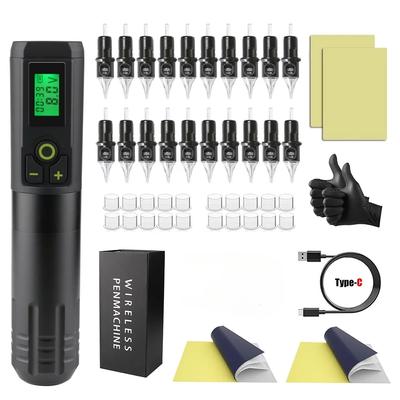 Kit completo de máquina de tatuagem sem fio com bateria de tatuagem LED de 2000 mAh, 20 agulhas de cartucho para arte corporal, conjunto de maquiagem permanente
