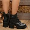 Fashion Fashion High Heel Boots Women's Round Toe Metal Buckle Side Zip Front Lace-Up Platform Non-Slip Shorthole Boots