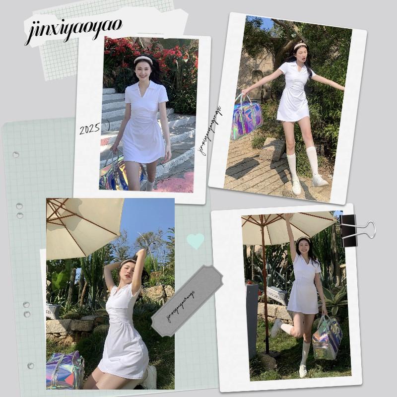Womens Athletic Polo Dress With V-Neck Waist-Cinched Fit Quick-Dry Short Sleeve Tennis Badminton Pickleball Yoga