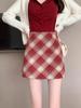 Women's High Waist Red Wool Plaid Skirt, 2025 A-line Slim Fit for Autumn/Winter