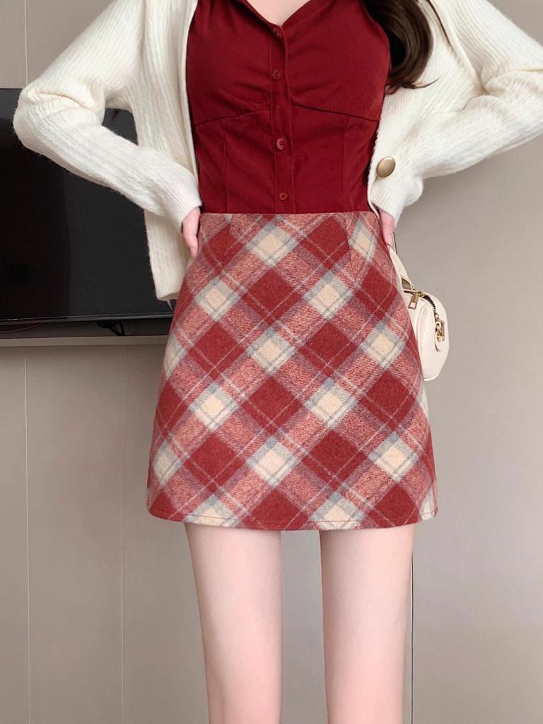 Women's High Waist Red Wool Plaid Skirt, 2025 A-line Slim Fit for Autumn/Winter