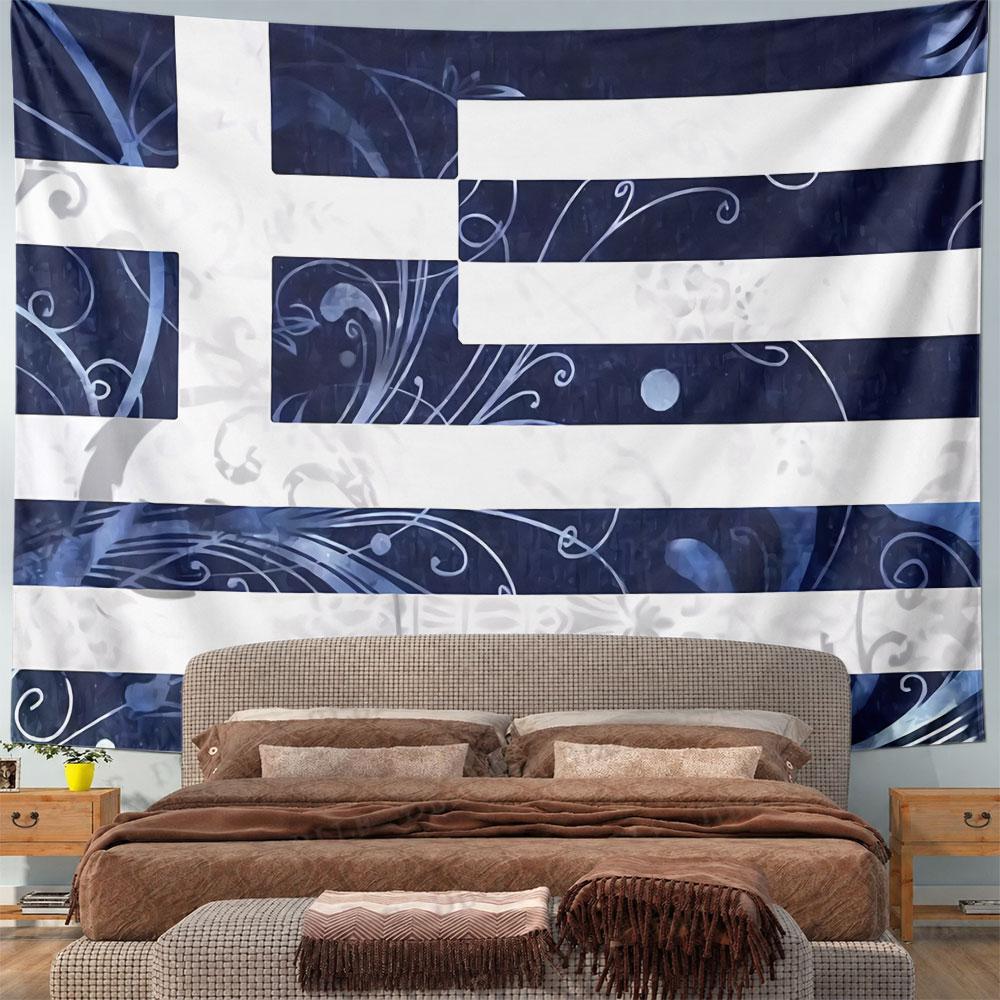 Blue and white stripes with floral and swirling patterns overlayed. Patterned tapestry for bedroom and living room home decor