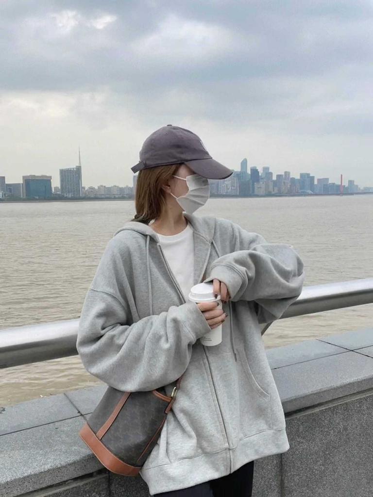 Lazy wind premium graue Strickjacke Damen lässig sportlich mit Kapuze Reißverschluss Top Cardigan vielseitig