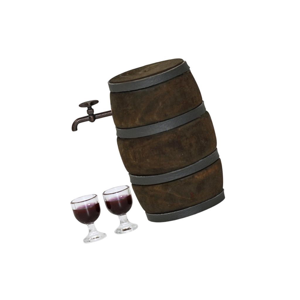 1/12 Scale Miniature Wooden Wine Barrel with Wine Glasses Dollhouse Accessory For Realistic Display And Collectible