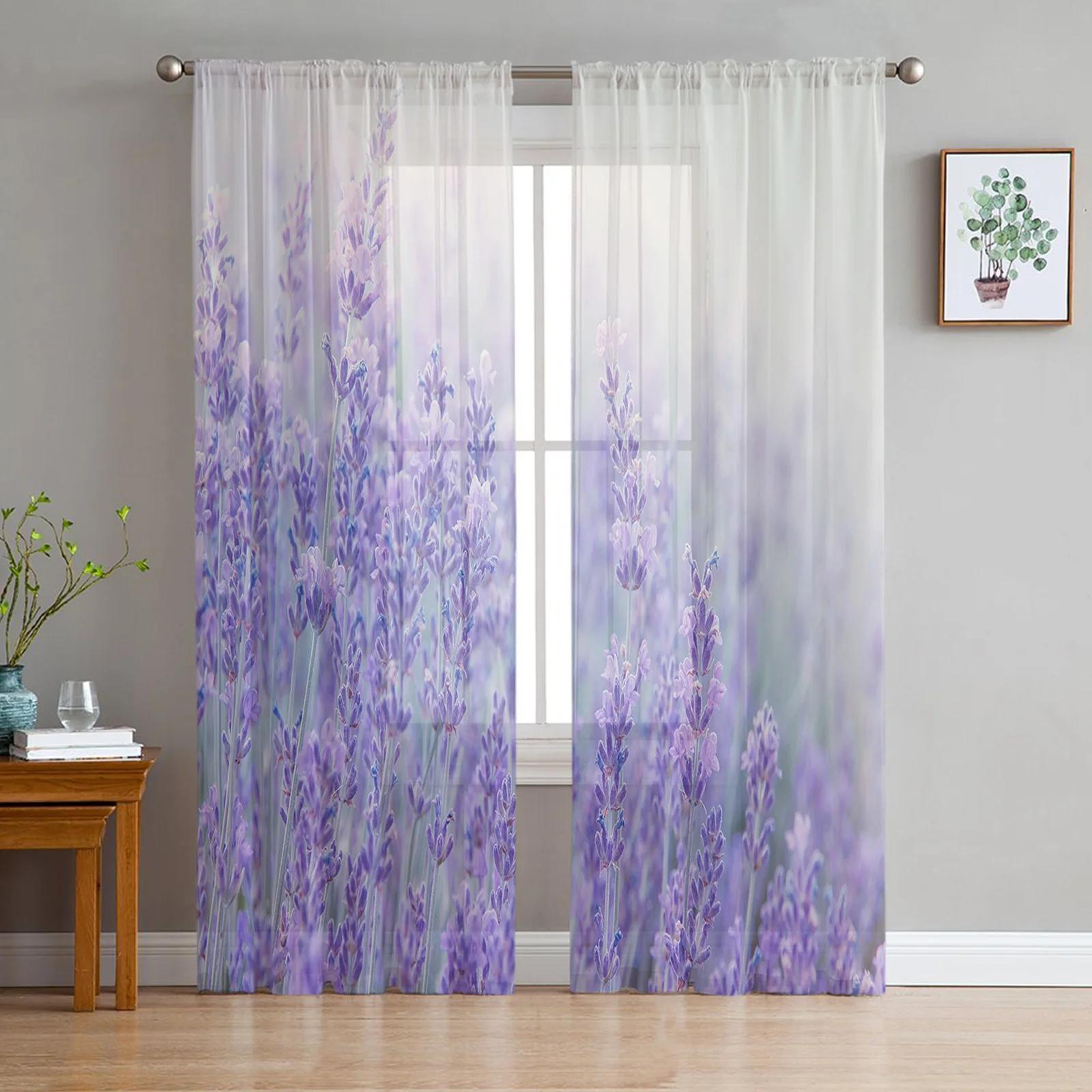

Purple Lavender Green Leaves Plant Field Tulle Sheer Drapes for Living Room Bedroom Decor Window Curtain Voile Silk-like Fabric Drapes W135 x H115cm x1&Rod Pocket
