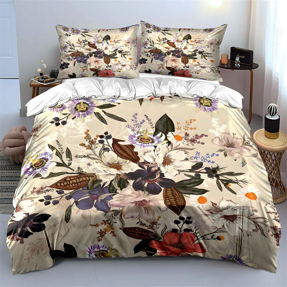 Floral Botanical Pattern Design Bedding Duvet Cover Set (1*Duvet Cover 2*Pillowcases, Without Duvet Insert)