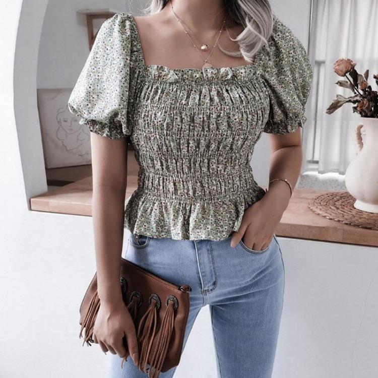 Chic bluse med blomsterprint for kvinner Vår Sommer Firkantet krage Korte lanternermer Kappehem Slank midje Chiffontopp Enkel S-XL