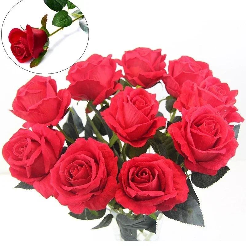 1PC Home Decor Artificial Fake Roses Flannel Flower Bridal Bouquet Wedding Party Roses Silk Flowers Bunches Fake Flowers Bouquet