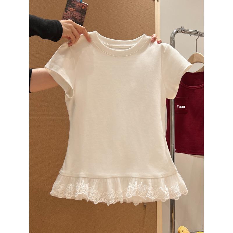 

Women s Pure Style White Lace-Trimmed Short Sleeve T-Shirt – 2025 Summer Collection, Straight Shoulder & Round Neck. M