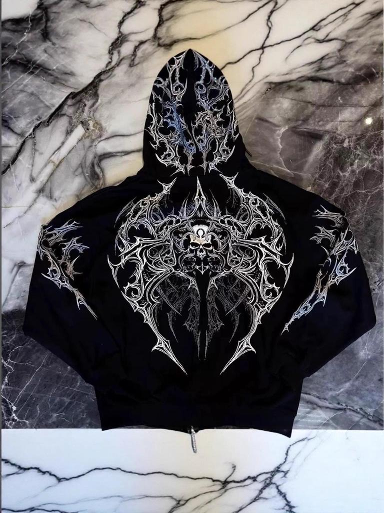 American Trendy Skull Print Zipper Hoodie: Autumn/Winter Dark Style