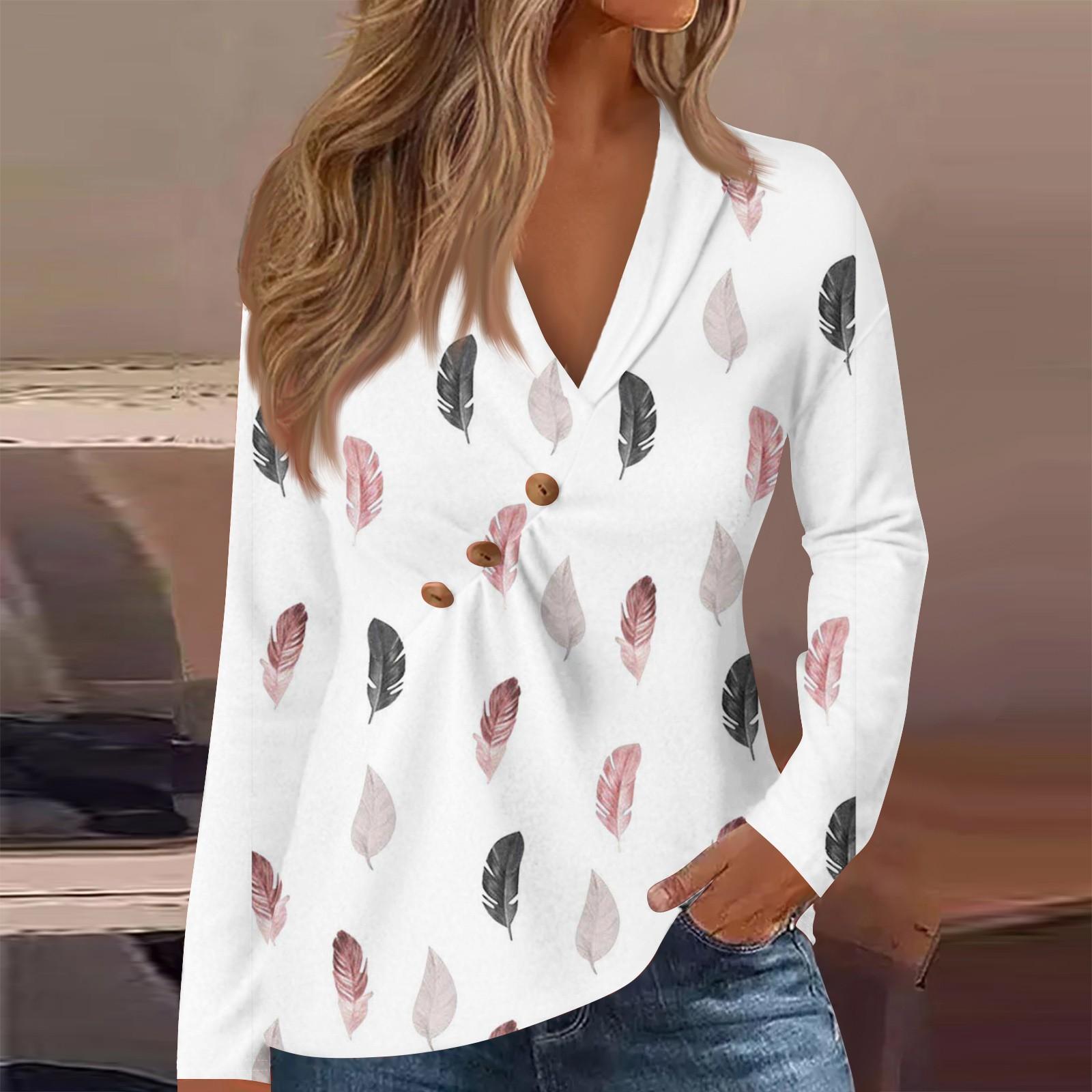 

Женская футболка с принтом, V-образным вырезом, пуговицами, оборками, длинными рукавами XL белый