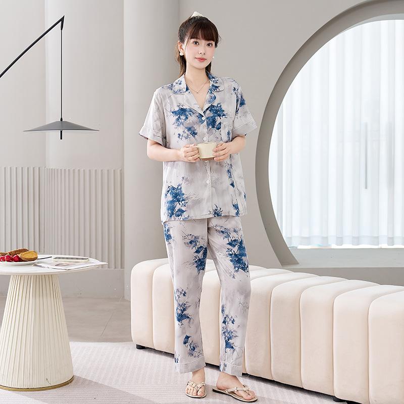 Cotton and silk pajamas women's spring and summer short-sleeved large-size suit spring and autumn thin cartoon printed loungewear
