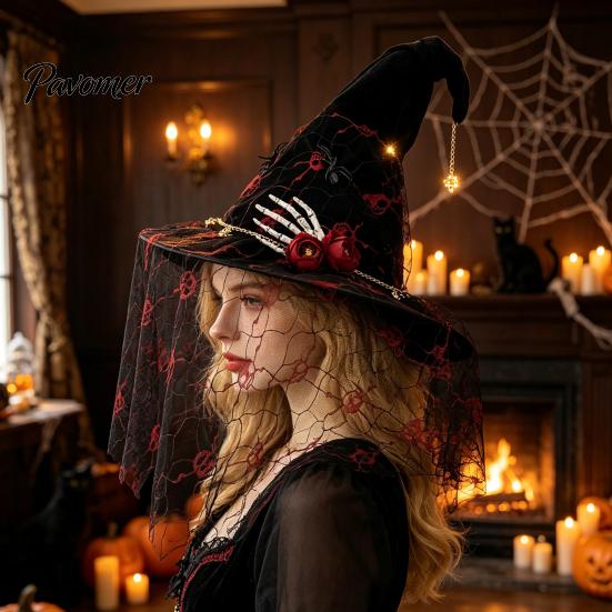 Party Favors for Festivals Punk Skeleton Hand Witch Hat with Spider And Veil, Black Large Stylish Headwear Wizard Costume Accessory Adults, Carnival,