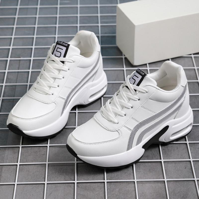 Women Hidden Heel White Sneakers PU Leather Air Cushion Sports Shoes Fashion Height‑Increase Walking Shoes