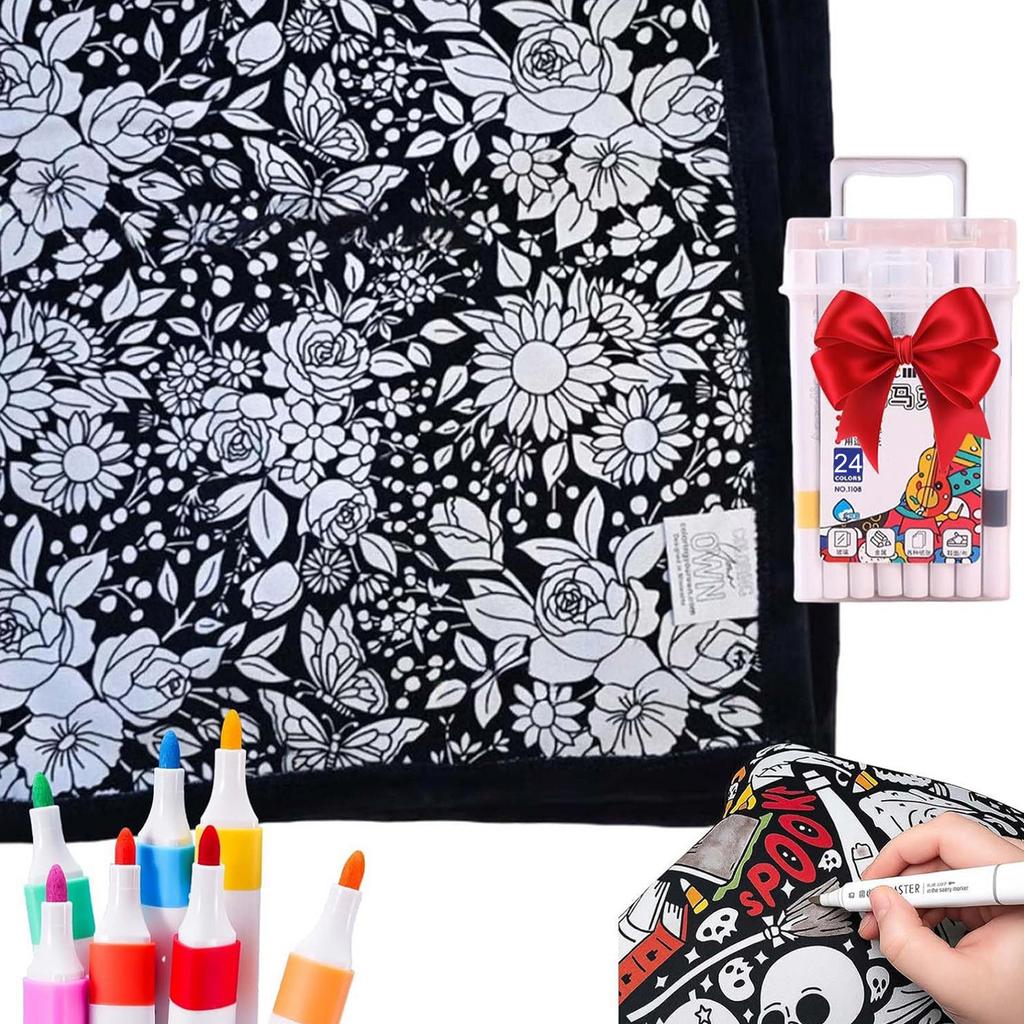 24Color Pens DIY Coloring Blanket with Markers Color Your Own Blanket Washable Reusable Soft Cozy Fleece Drawing Mat for Friends