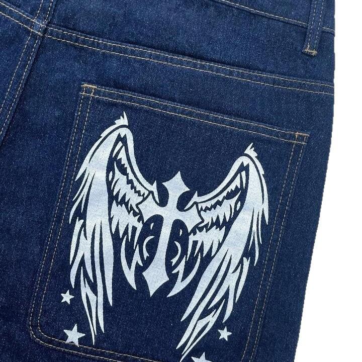 American Retro Multi-pocket Jeans Loose-fitting Straight Trendy Wide-leg Print Blue High Street Jeans